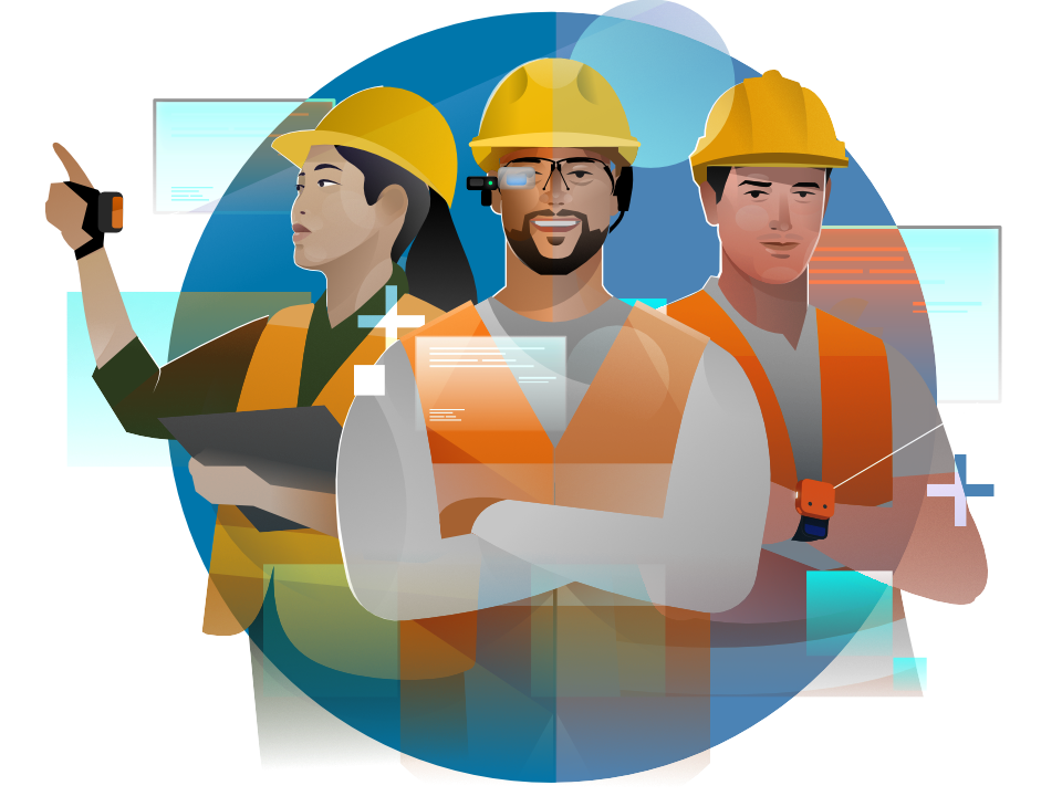 Illustration showing workers checking turbines