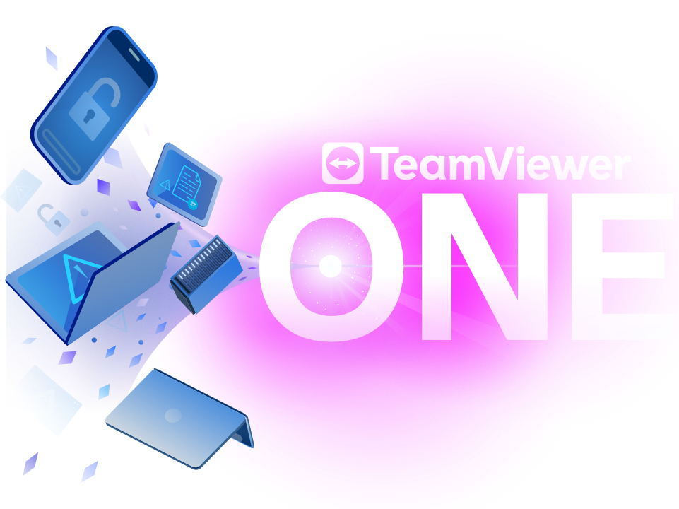 Illustration showing different devices and the TeamViewer ONE lettering