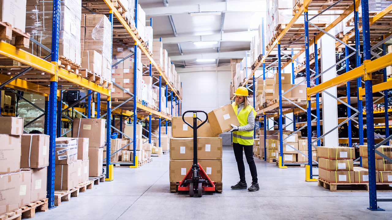 Woman in warehouse inspecting packages