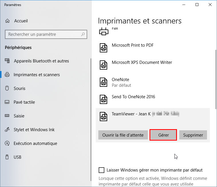 Cliquez sur votre imprimante et cliquez sur le bouton Gérer