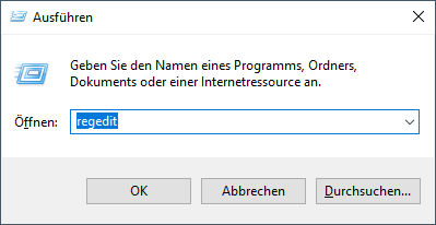 Klicken Sie mit der rechten Maustaste auf das Windows Startmenü --> wählen Sie Ausführen --> geben Sie Regedit ein und bestätigen Sie mit OK