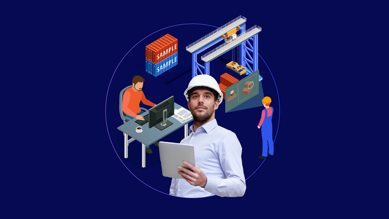 Illustration showing employees in logistics using wearables and smart devices