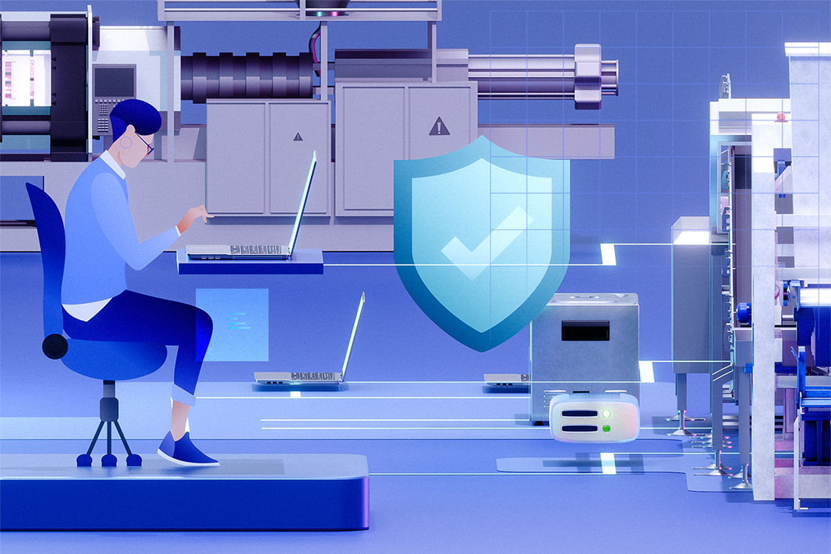 Illustration showing technician using a laptop within an automated industrial setup