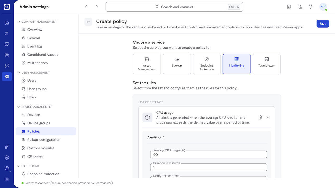 Custom monitoring policies as seen in the TeamViewer client