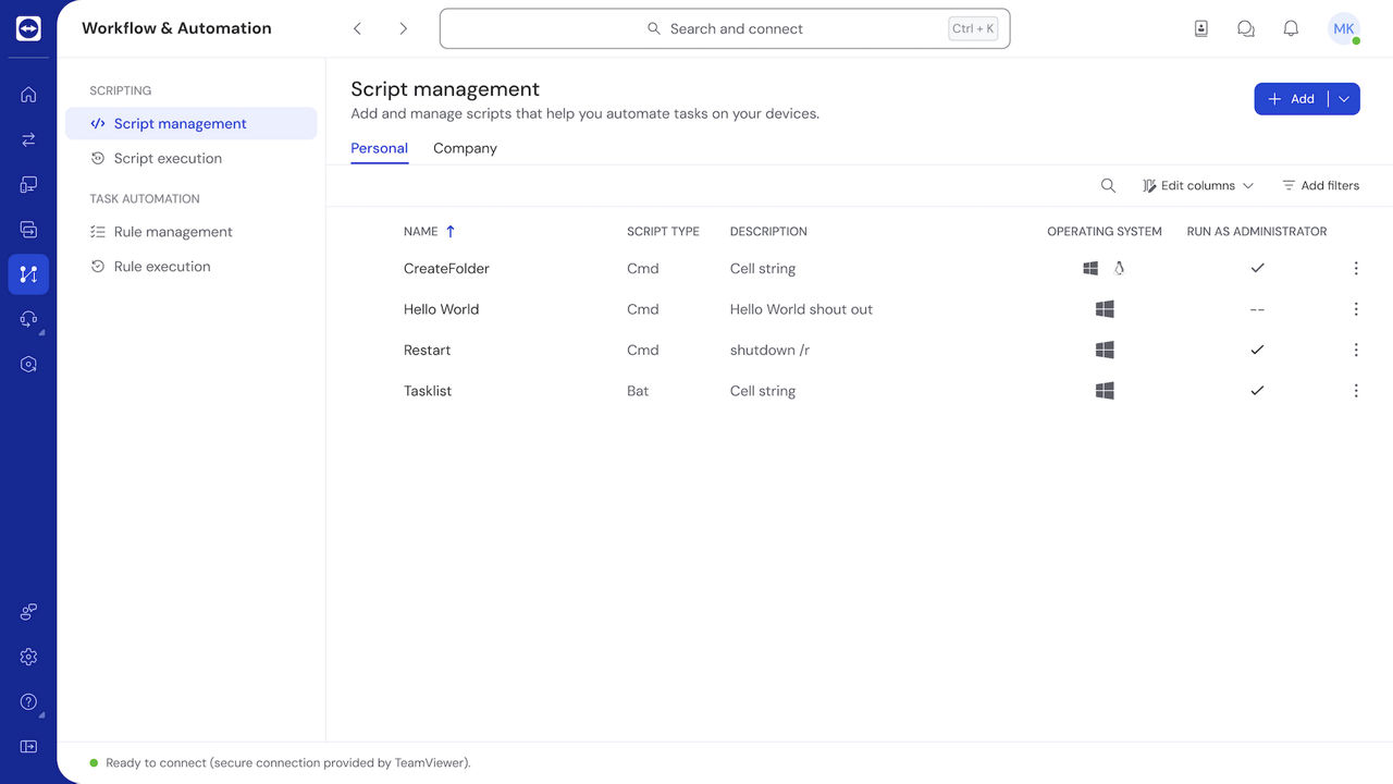 Script Management as seen in the TeamViewer client