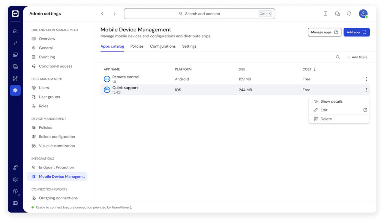 Mobile Device Management as seen in the TeamViewer Remote client