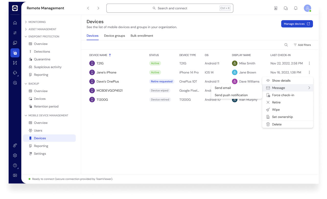 Im Remote Management-Dashboard des TeamViewer Remote-Clients verwaltete Geräte