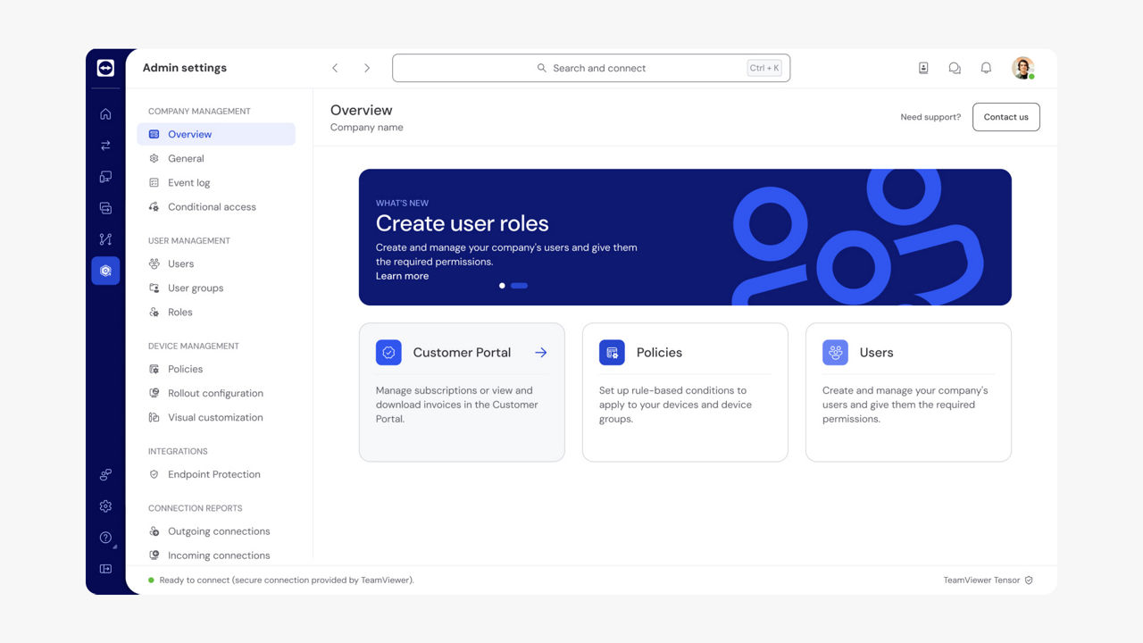Vista general de las funciones de la consola de gestión en el programa TeamViewer