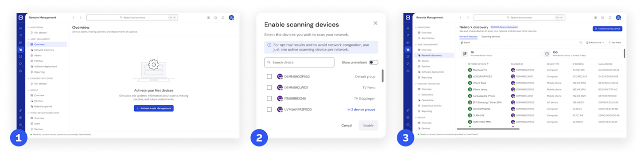 TeamViewer Remote UI screenshots showing how to get started with Asset Management