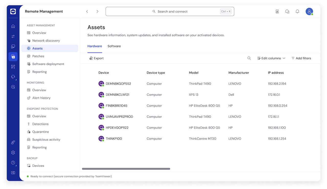 Capture d’écran de l’interface utilisateur TeamViewer Remote montrant des ressources matérielles