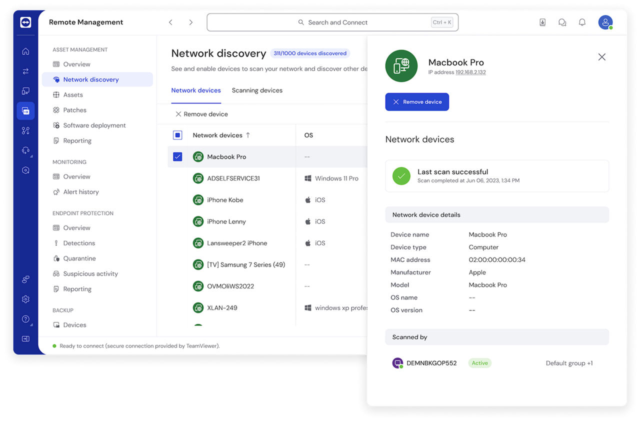 TeamViewer Remote UI screenshot with network discovery inventory insights