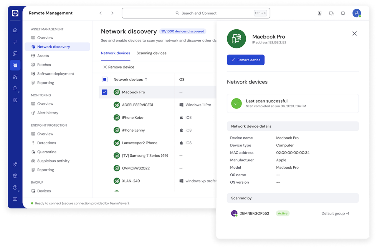 TeamViewer Remote UI screenshot showing network discovery and inventory insights