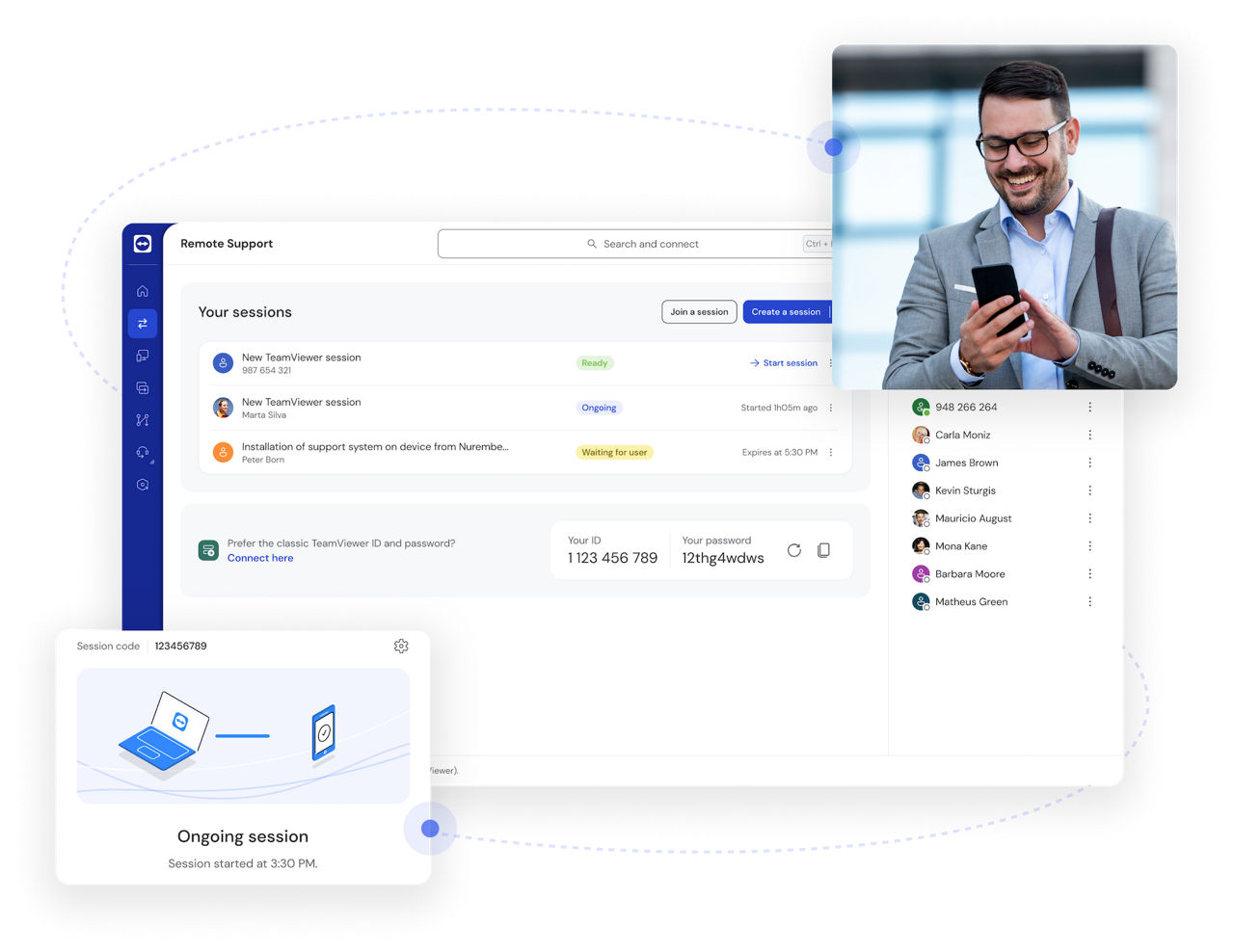 Connexion active entre un ordinateur et un appareil mobile comme indiqué dans l’interface client TeamViewer