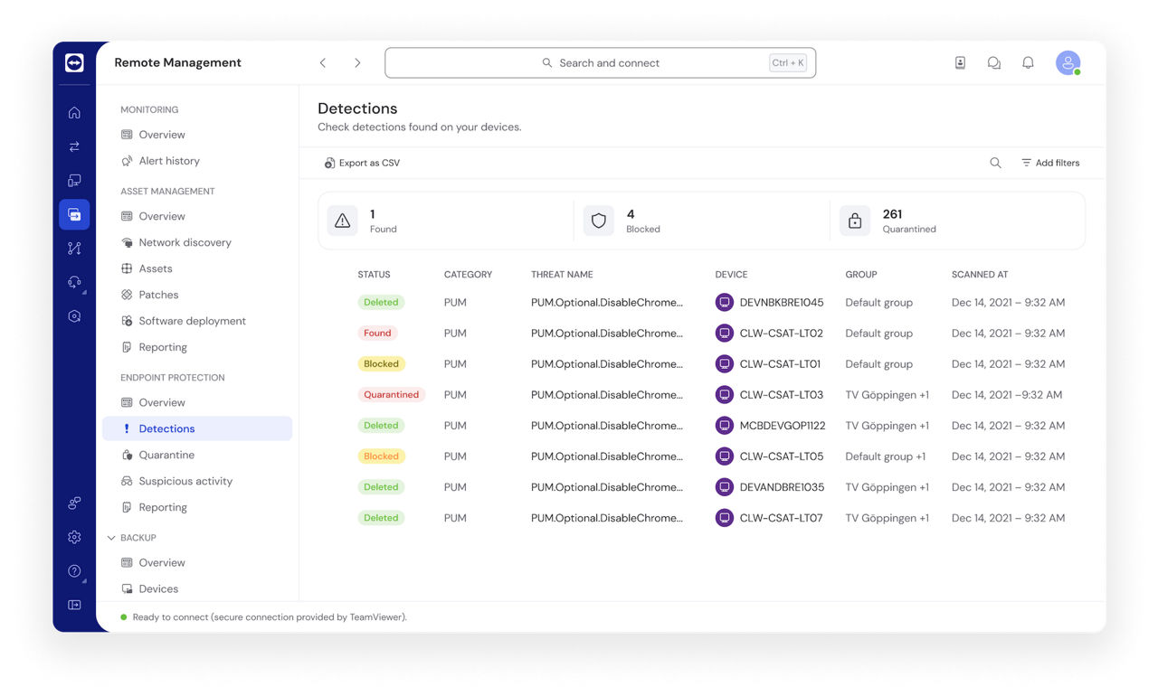 TeamViewer リモート マネジメント ソリューションのエンドポイント保護検出機能のスクリーンショット