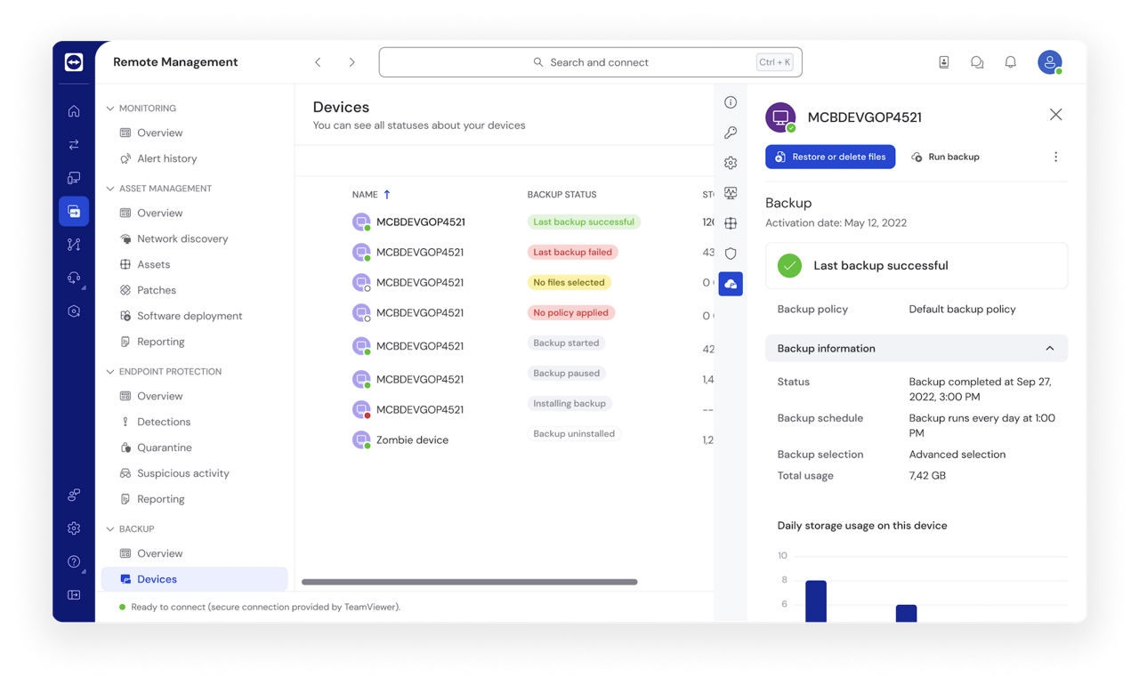 Schermata dei dispositivi di Backup dalla soluzione TeamViewer Remote Management