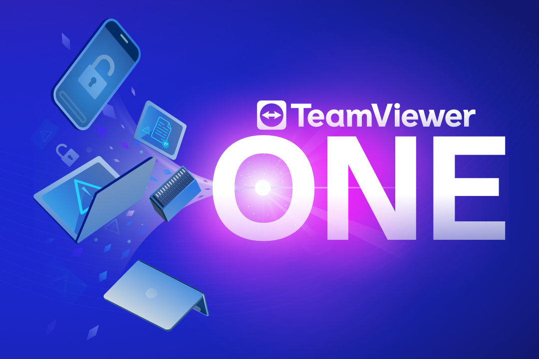 Illustration showing different devices and the TeamViewer ONE lettering