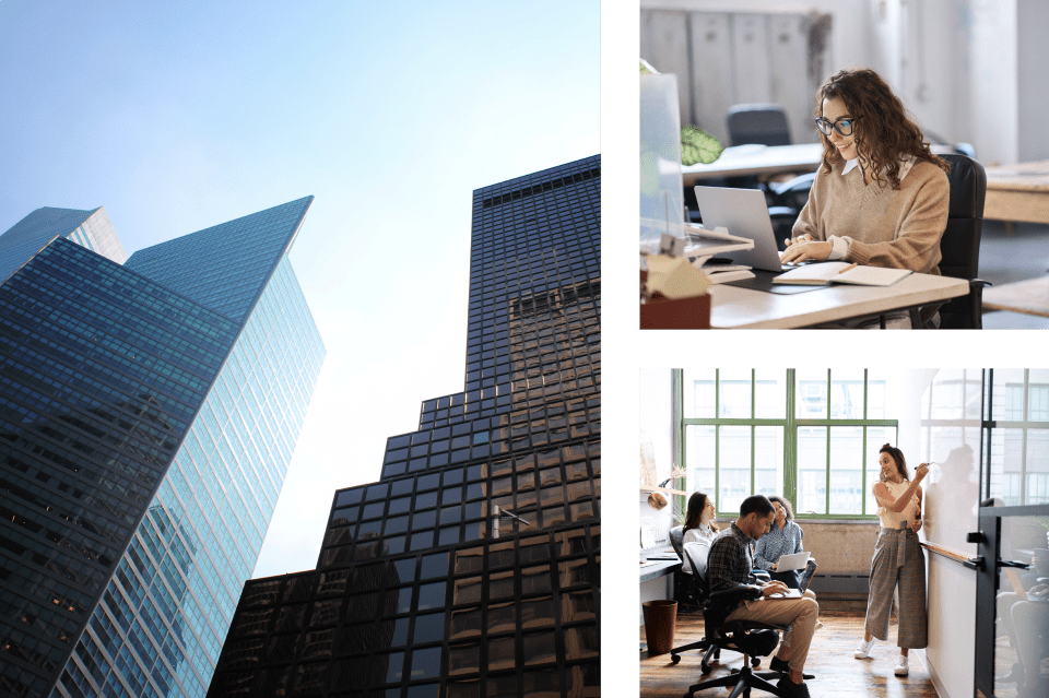 Conjunto de imagens: Um moderno edifício de escritórios, uma mulher trabalhando no escritório e uma reunião de trabalho improvisada