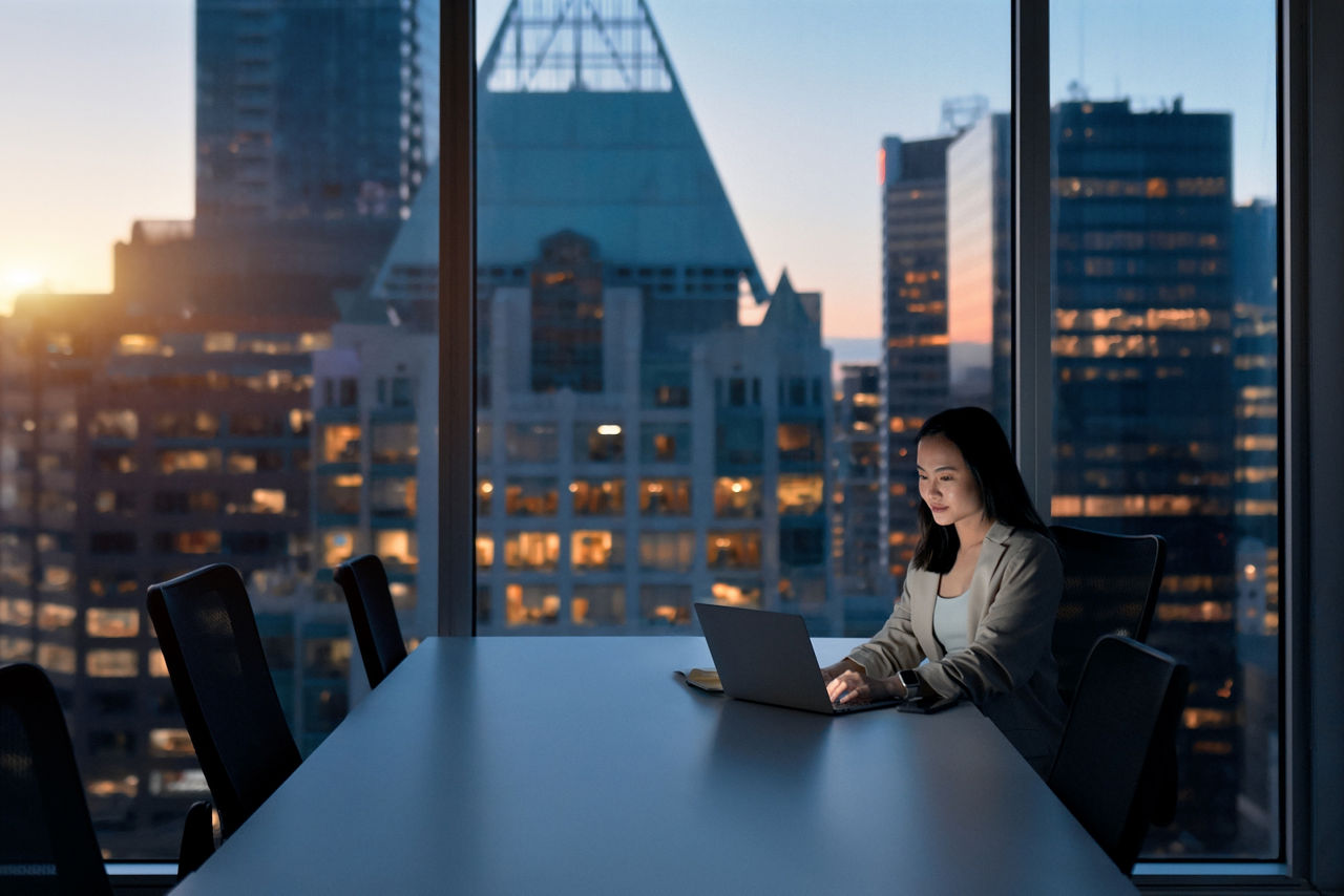 Business executive working on laptop at dusk in corporate office