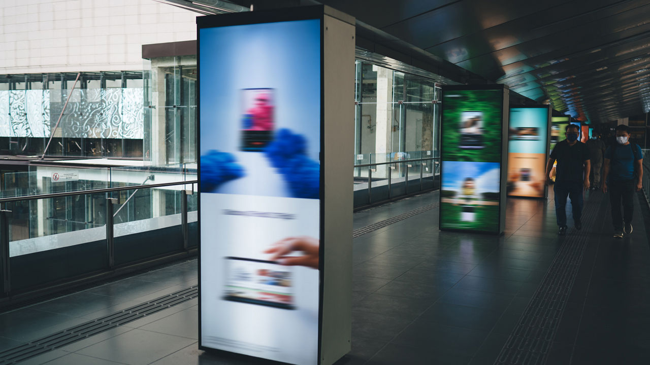 Electronic billboards seen in urban environment