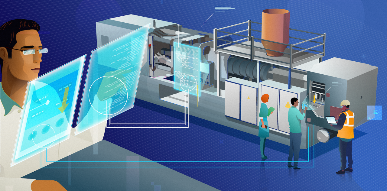 Ilustración que muestra el mantenimiento de una máquina