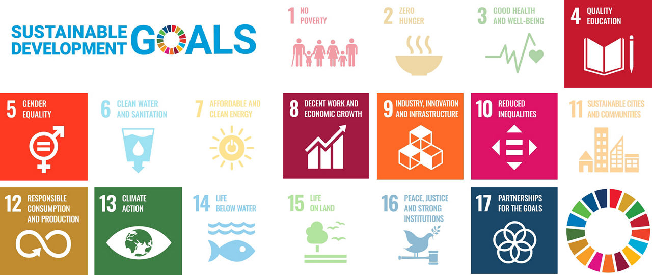 Sustainable Development Goals • No Poverty • Zero Hunger • Good health and well-being • Quality Education • Gender Equality • Clean Water and Sanitation • Affordable and Clean Energy • Decent Work and Economic Growth • Industry, Innovation, and Infrastructure • Reduced Inequalities • Sustainable Cities and Communities • Responsible Consumption and Production • Climate Action • Life below Water • Life on Land • Peace, Justice and Strong Institutions • Partnerships for the Goals